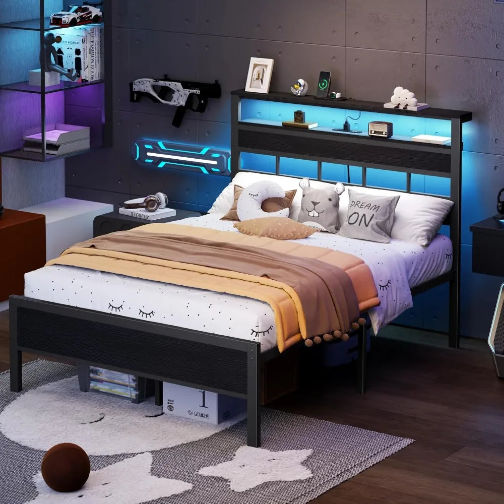 Full Bed Frame & Wood Storage Headboard,LED Light & Charging Station,2-Tier Shelves,Metal Platform,Bedroom,Full, Custom by FLIPSTYLEZLLC