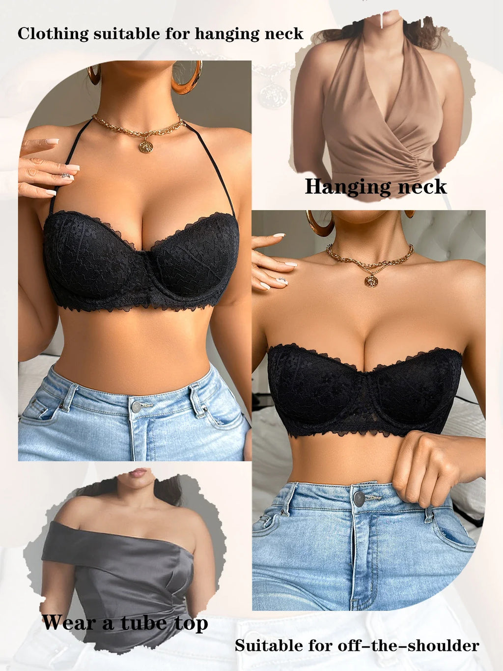 Silicone Pads Strapless Solid Color Sexy Lace Bras Fashionable Outfits Push up Detachable Straps Women's Bra by Ladyez