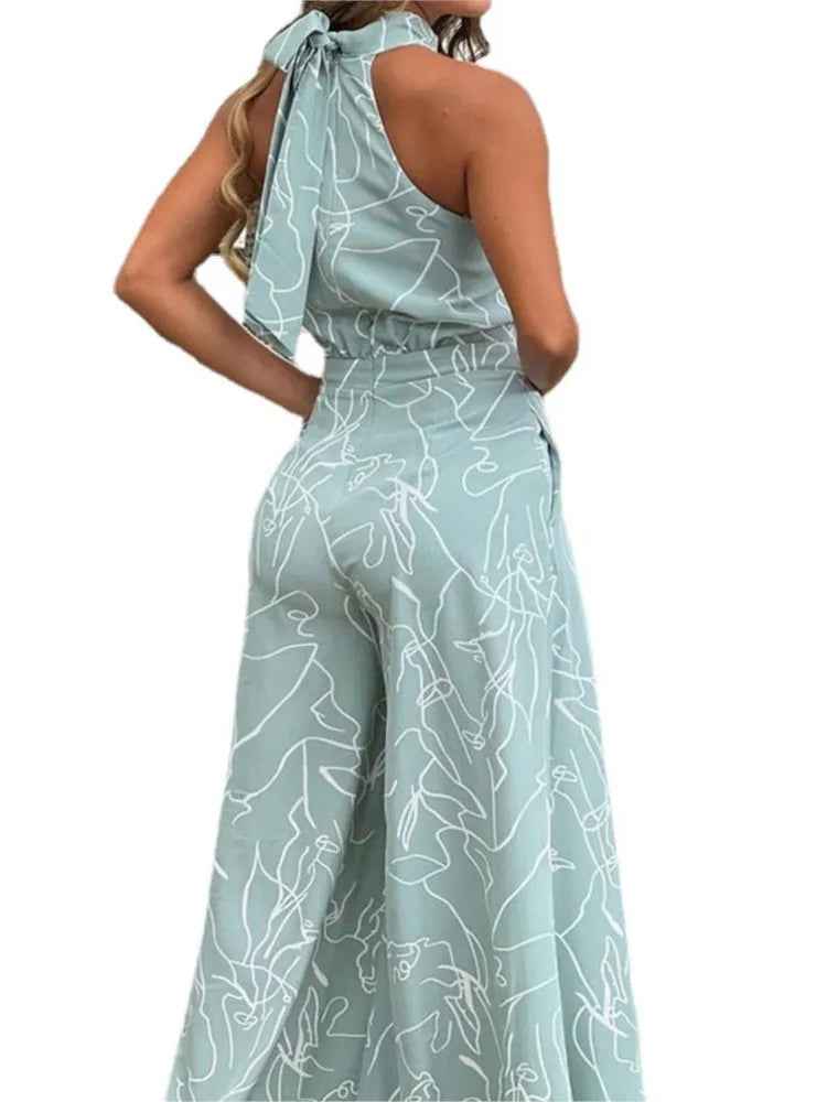 Elegant Printed Halter Neck Leace-Up Jumpsuit Women Sleeveless Fashion High Waist Wide Leg Jumpsuits Casual Streetwear New by Wild and Free Boutique