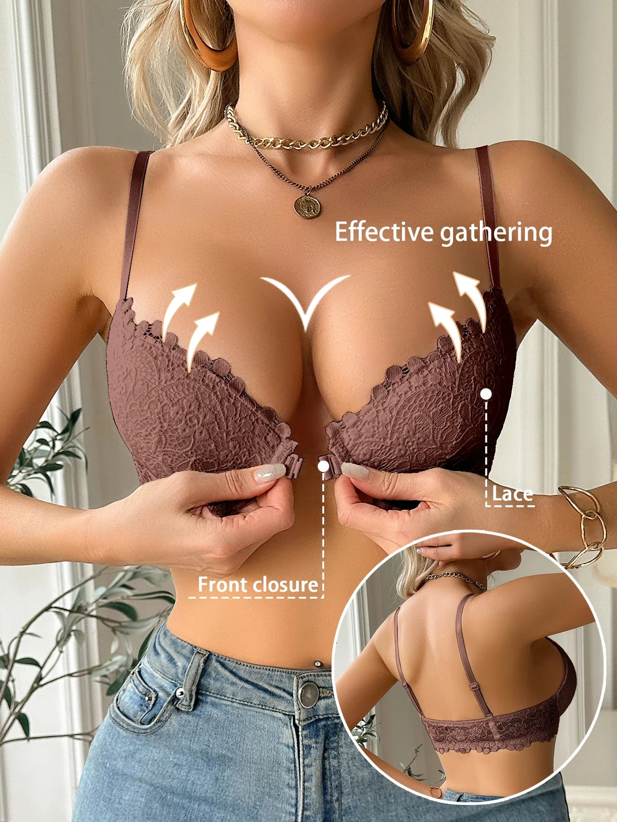 Modern Women's Lace Bra, Sexy Front-Clasp Push-Up Bra, Non-Padded, Breathable, Comfortable, Elegant, Sexy Lingerie Top by Ladyez