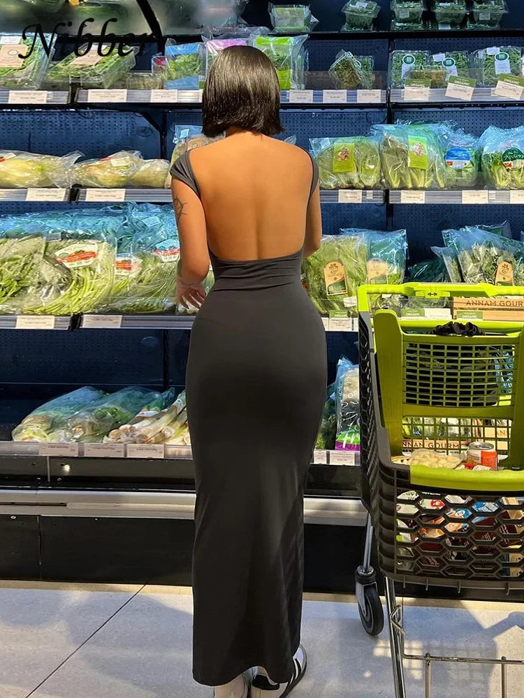 Nibber Solid Sexy Backless Maxi Dress Women Elegant Elastic Slim Short Sleeve Long dresses Female Bodycon Streetwear Clothing by Urban Fashion Icon