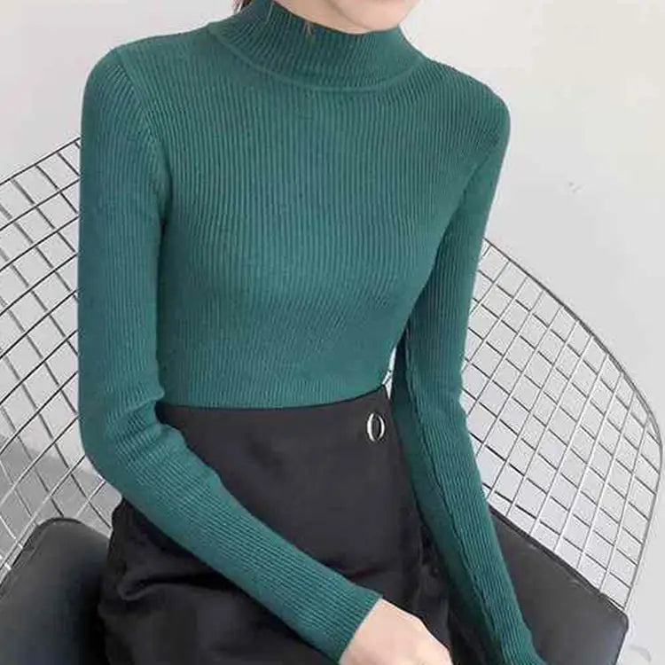 Autumn Winter Mock Neck Women Sweater Vintage Basic Solid Knitted Tops Casual Slim Pullover Korean Sweaters Simple Chic Jumpers by Urban Fashion Icon