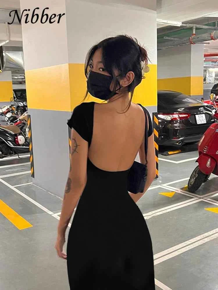 Nibber Solid Sexy Backless Maxi Dress Women Elegant Elastic Slim Short Sleeve Long dresses Female Bodycon Streetwear Clothing by Urban Fashion Icon
