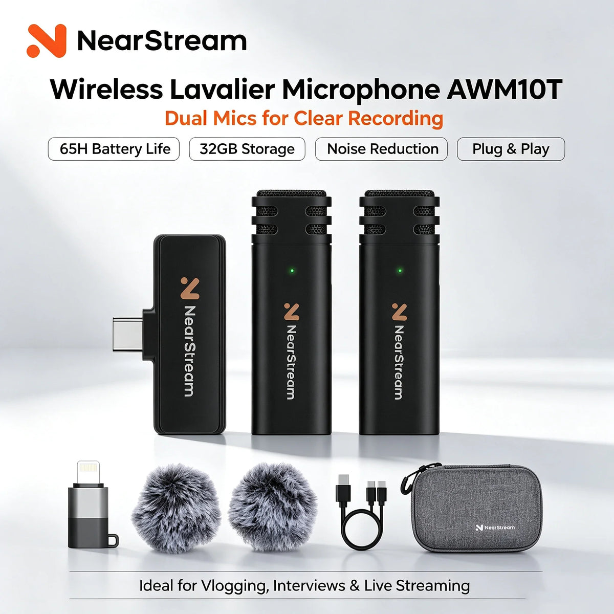 NearStream AWM10T Plus 1-to-2 Wireless Lavalier Microphone, AI DSP Noise Canceling, 33Ft Stable Transmission, 6H Long Battery, Auto Pair Plug & Play Mic for Classroom Vlog Live Stream iPhone Android PC by FLIPSTYLEZLLC