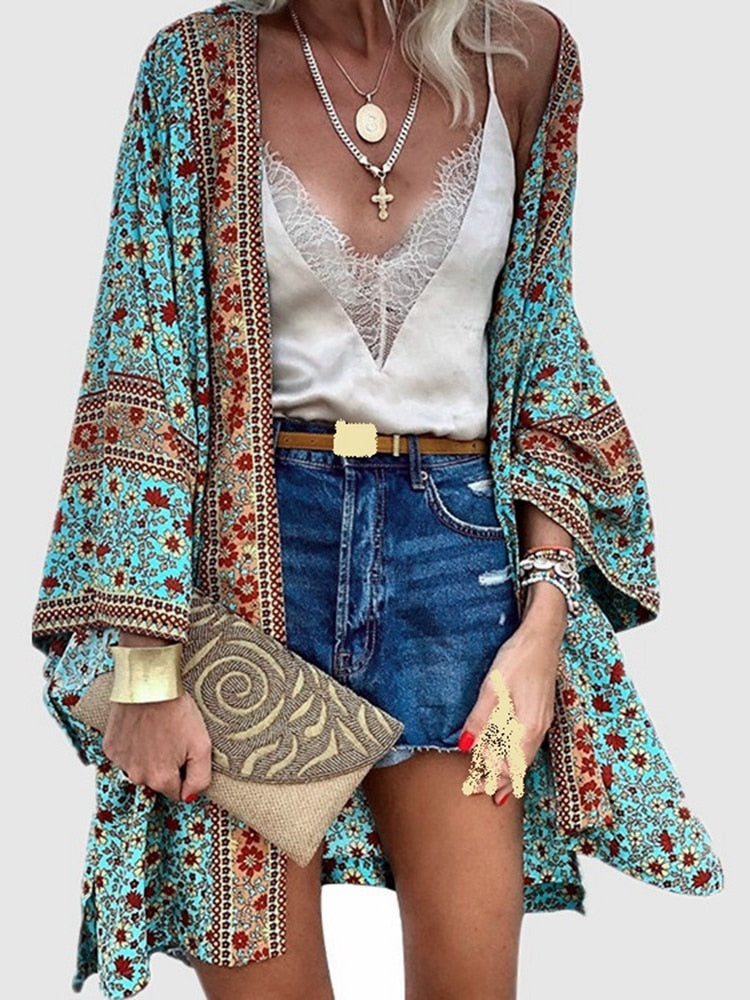 Cardigan Women Bohemian Floral Printed Blouse Open Front Loose Beach Tops Vintage Long Sleeve by nowadaysfashion