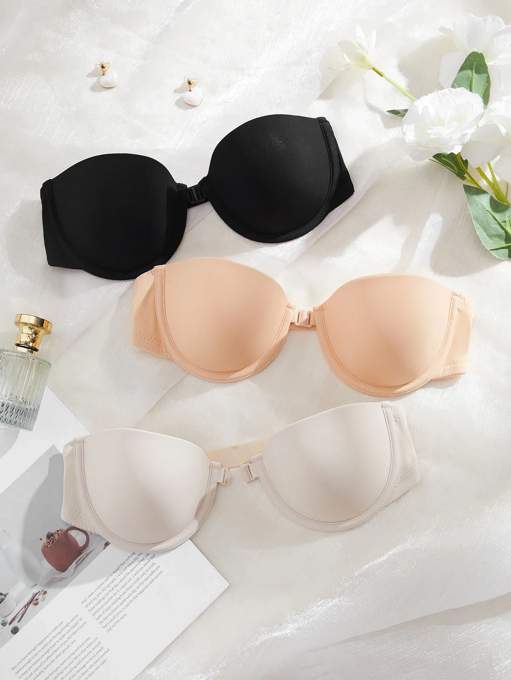 3Pcs/Set Demi Cup Seamless Women's Underwear Set Strapless Push up Bra Female Smooth Underwire Support Bra by Ladyez
