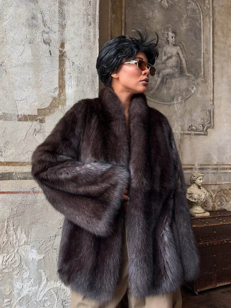 Solid Medium-length Fur Coat Women Elegant Lapel Hidden Button Loose Outerwear 2025 Winter New Office Lady Commute Overcoat by Urban Fashion Icon