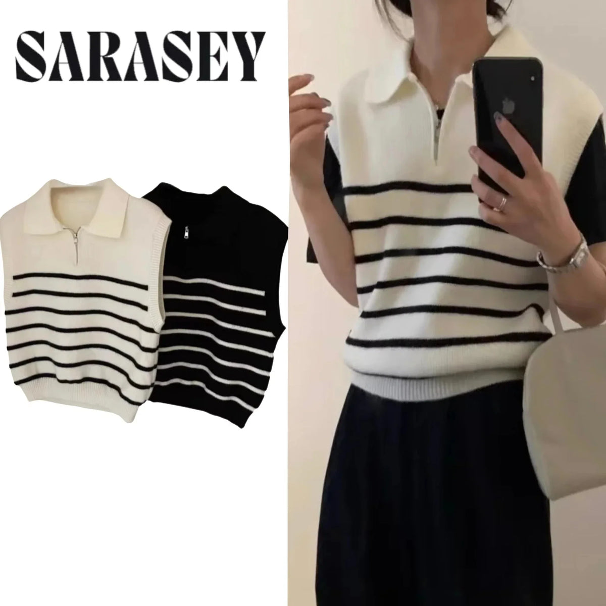 Korean Retro Lapel Zipper Stripe Knitted Vest Women Autumn Winter Sleeveless Sweater Casual 100% Polyester Pullover Outerwear by Urban Fashion Icon