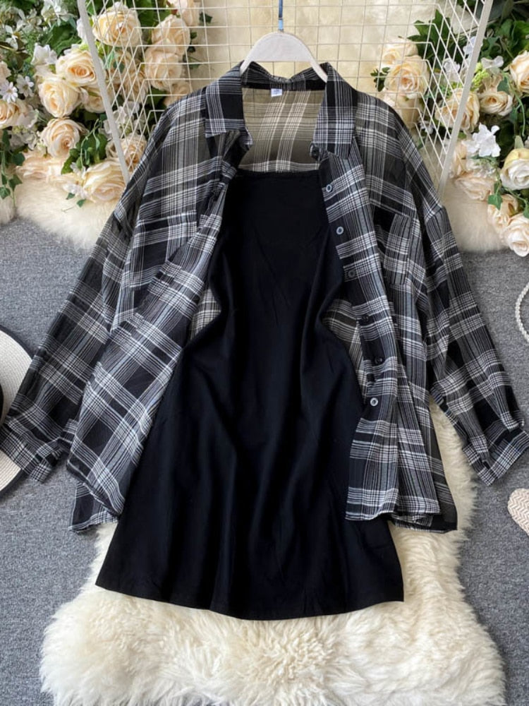 Two Piece Set Long Sleeve Plaid Grey Overcoats Spaghetti Strap Slim Dress by nowadaysfashion