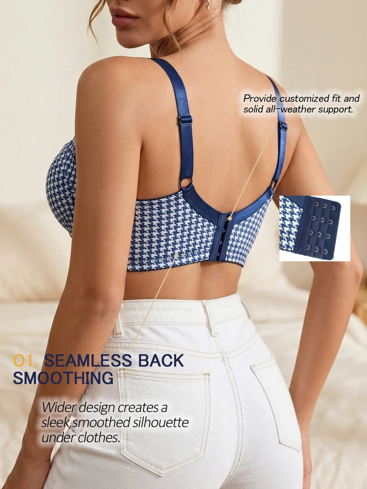 Women's Houndstooth Print Push-Up Bra Wide Elastic Straps Underwear Underwire Side Smoothing & Supportive Bra Women by Ladyez
