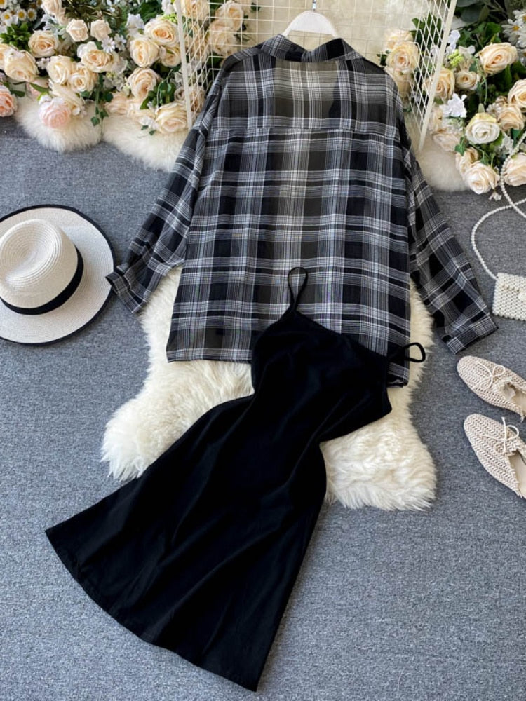 Two Piece Set Long Sleeve Plaid Grey Overcoats Spaghetti Strap Slim Dress by nowadaysfashion