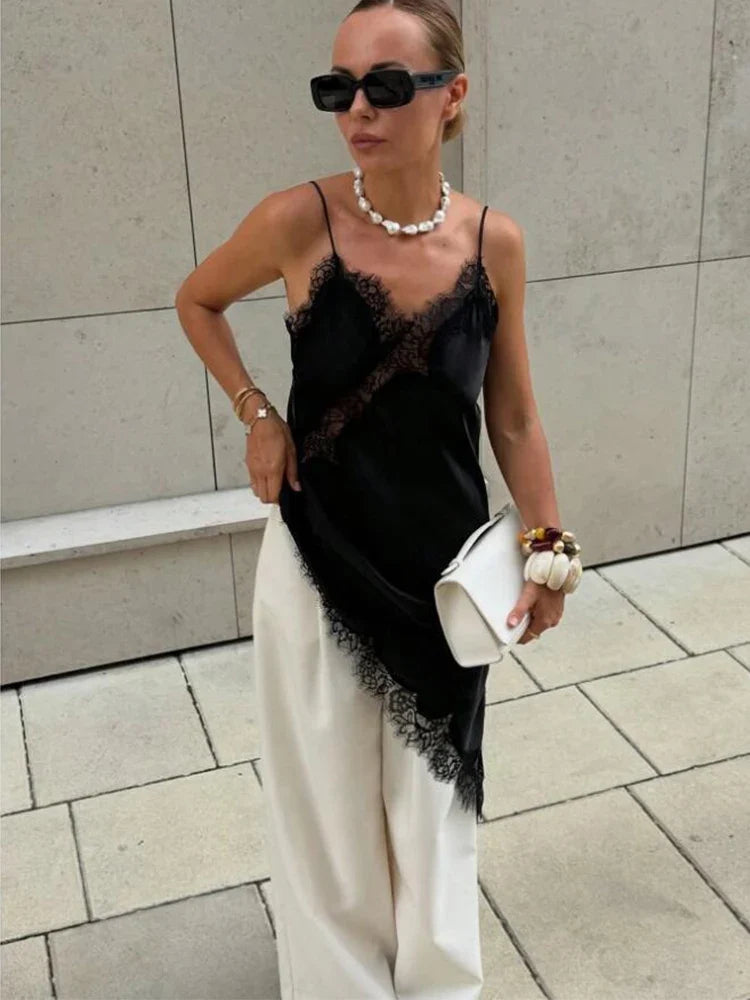 Satin Sexy Lace Spliced Short Sling Dress Women Sleeveless Backless Asymmetric Sexy Party Dresses 2026 Summer Lady Dress by Urban Fashion Icon
