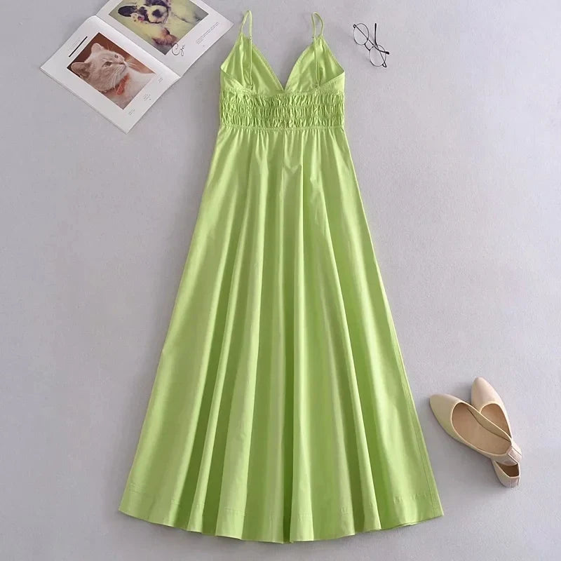 Foridol Elastic Smocking Green Cotton V Neck Summer Women's Dress Sleevless Long Green Maxi Casual Strapy Dress Solid Female by Ladyez