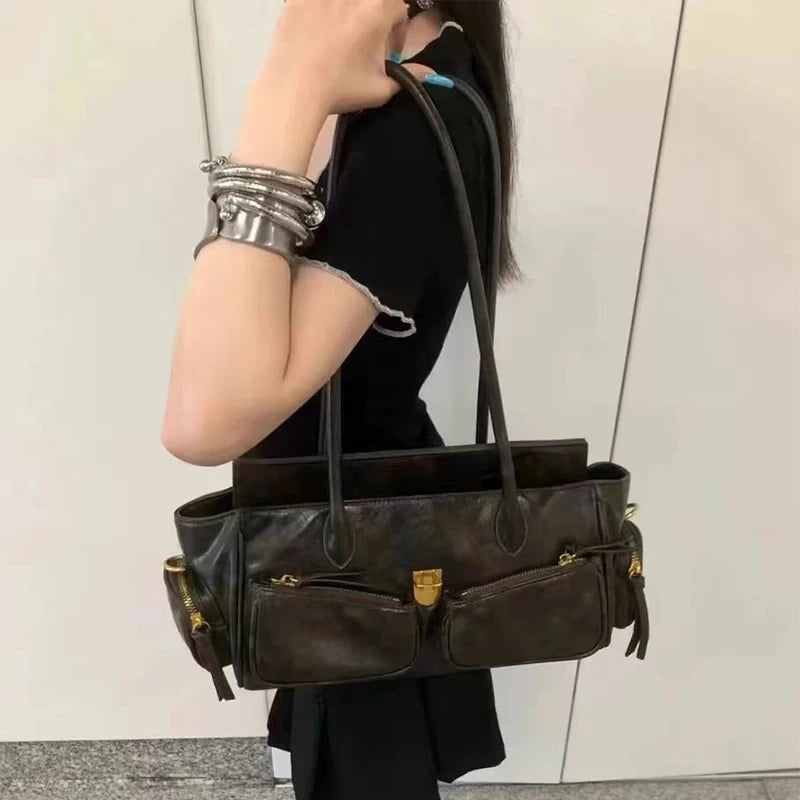 Vintage Underarm Bag For Girl Versatile Handbag Multi-pocket Motorcycle Bag Luxury Designer Handbag Spaghetti Strap Leather Bag by Itsokies Travel Store