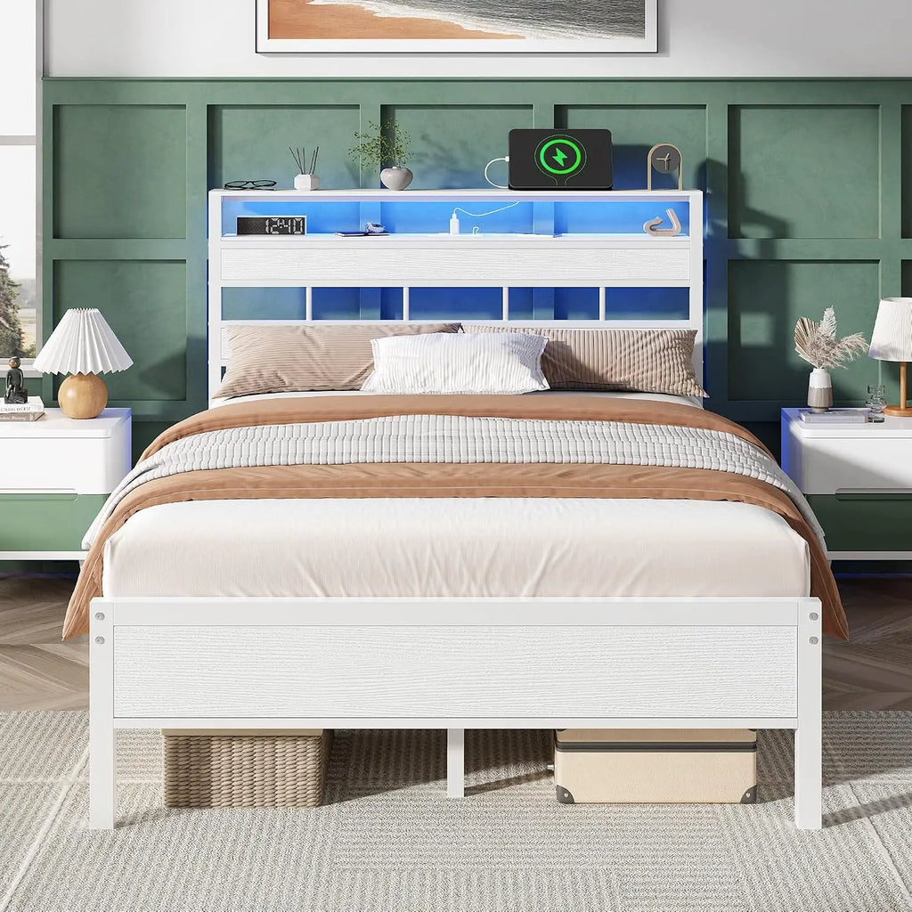 Full Bed Frame & Wood Storage Headboard,LED Light & Charging Station,2-Tier Shelves,Metal Platform,Bedroom,Full, Custom by FLIPSTYLEZLLC