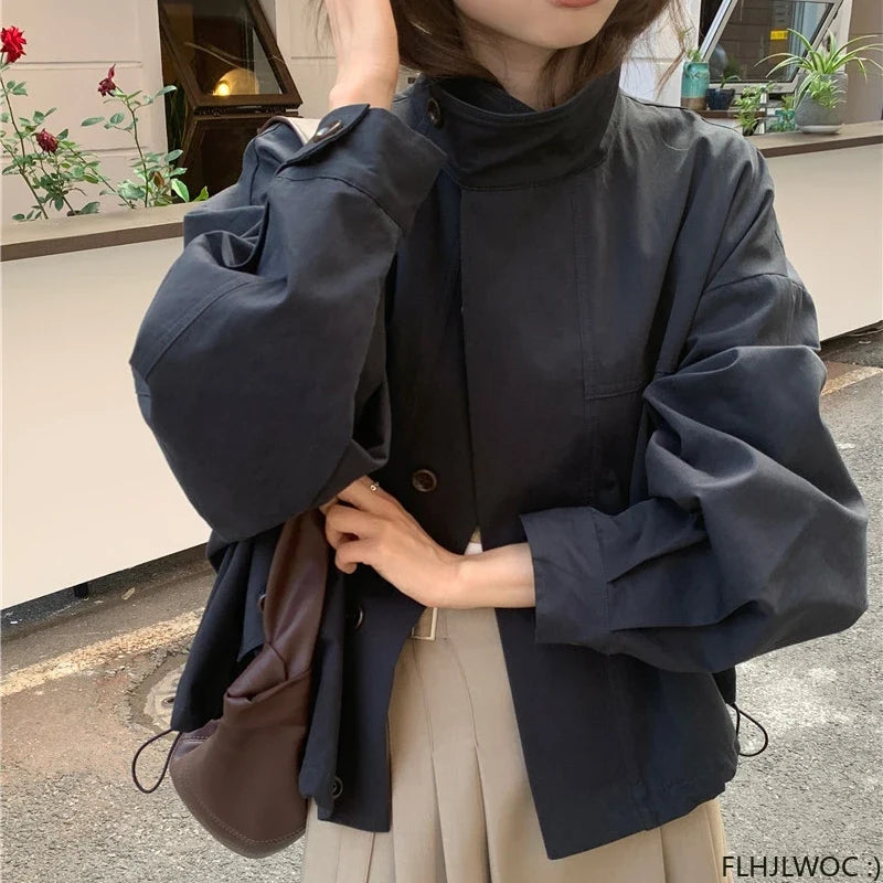 Korea Short Outerwear Woman Casual Loose Lazy Chic Long Sleeve Cotton Blends Windbreaker Coats Thin Thench by Urban Fashion Icon