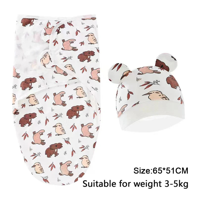 Baby Blanket Hat Set Cartoon Printed Cotton Newborn Swaddle Adjustable Infant Sleeping Swaddle Wraps All Seasons 0-6 Months by FLIPSTYLEZLLC