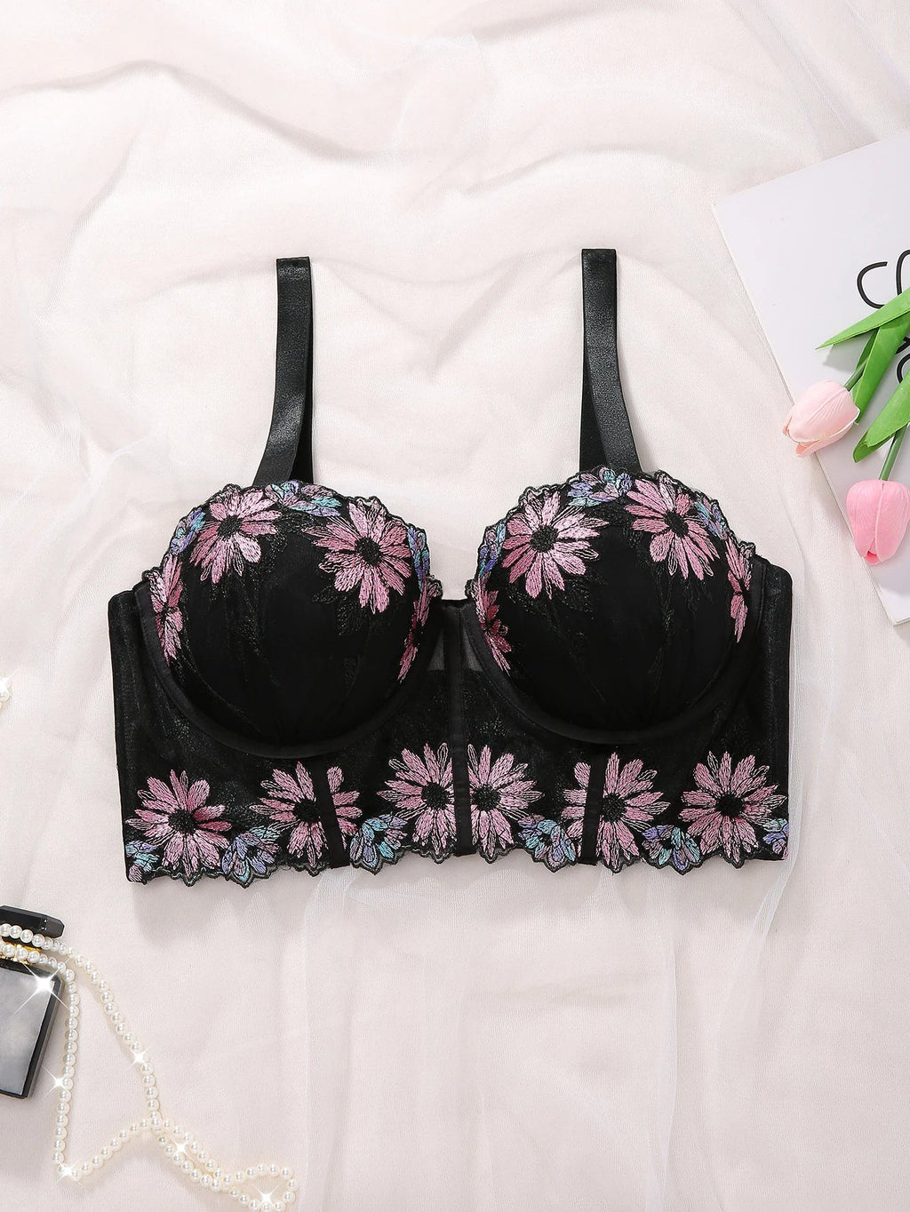 Plus Size Women Bra Floral Lace Patchwork Embroidery Thin Cup Push up Bra Comfortable Underwire Shapewear Bra for Women by Ladyez