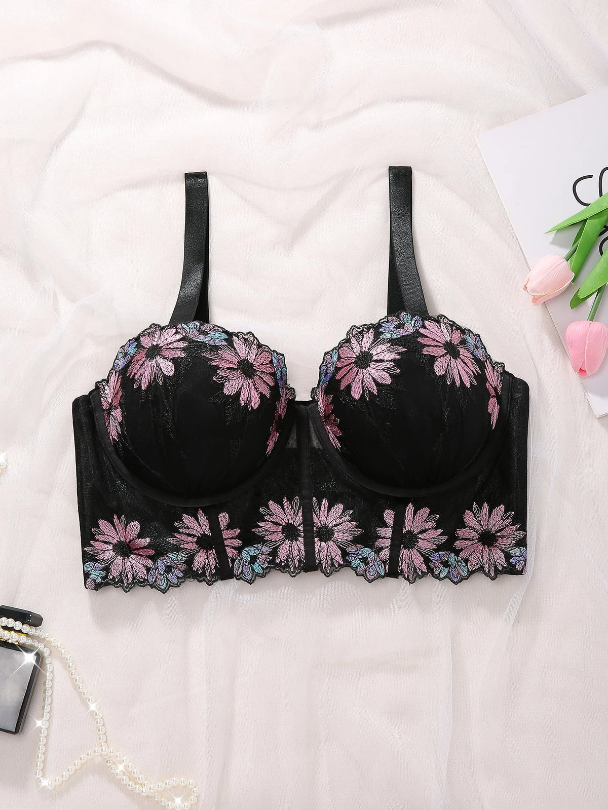 Plus Size Women Bra Floral Lace Patchwork Embroidery Thin Cup Push up Bra Comfortable Underwire Shapewear Bra for Women by Ladyez