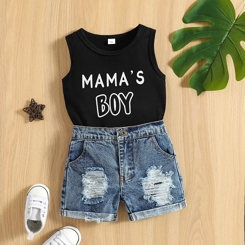 VISgogo Baby Boys Casual Clothes Set Letters Print Sleeveless Tank Top with Ripped Denim Shorts 2Piece Summer Outfit by FLIPSTYLEZLLC