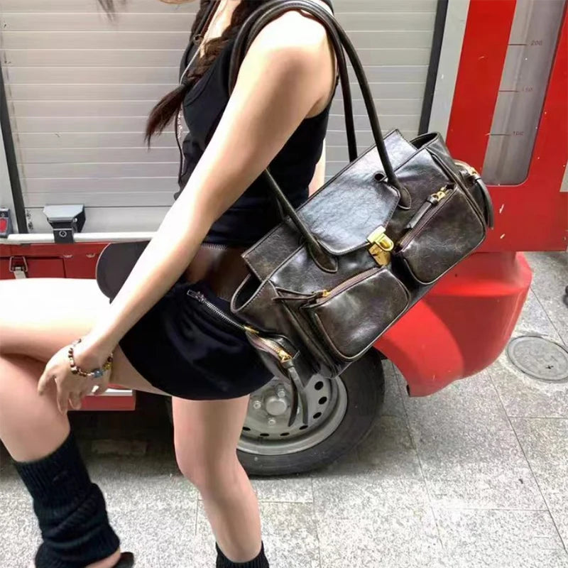 Vintage Underarm Bag For Girl Versatile Handbag Multi-pocket Motorcycle Bag Luxury Designer Handbag Spaghetti Strap Leather Bag by Itsokies Travel Store