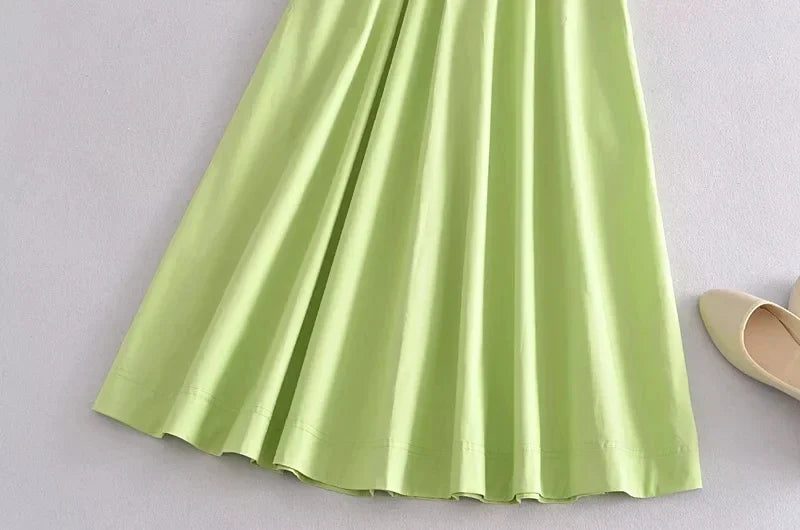 Foridol Elastic Smocking Green Cotton V Neck Summer Women's Dress Sleevless Long Green Maxi Casual Strapy Dress Solid Female by Ladyez