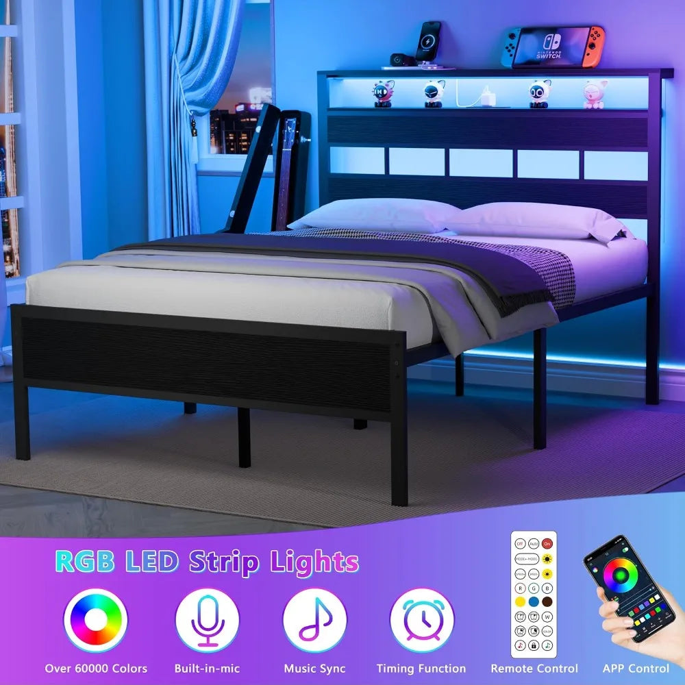 Full Bed Frame & Wood Storage Headboard,LED Light & Charging Station,2-Tier Shelves,Metal Platform,Bedroom,Full, Custom by FLIPSTYLEZLLC