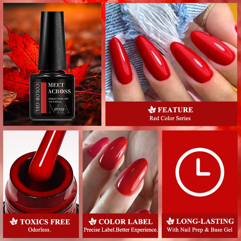 MEET ACROSS 7ml Red Gel Nail Polish Crystal Semi Permanent Soak Off UV Gel Varnish Nail Art Manicure Base Matte Top Coat Vernis by AliExpress