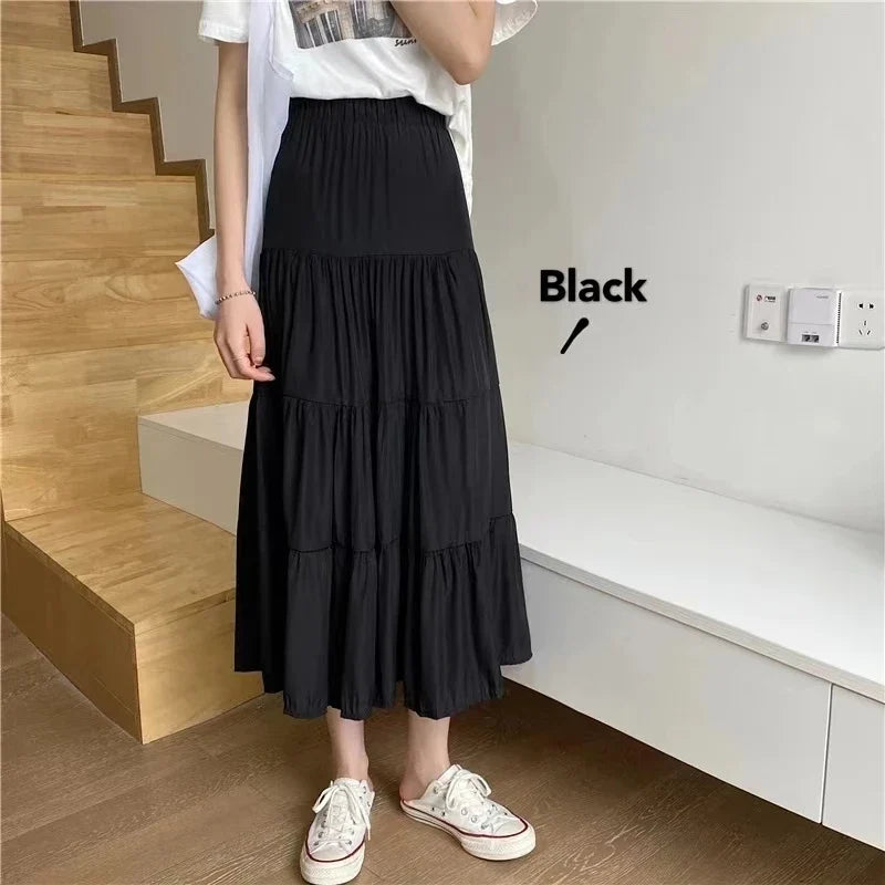 Spring Summer Women Skirts Vintage High Waist Elastic Patchwork White Black Chic Long Cake A-line Skirt by Urban Fashion Icon
