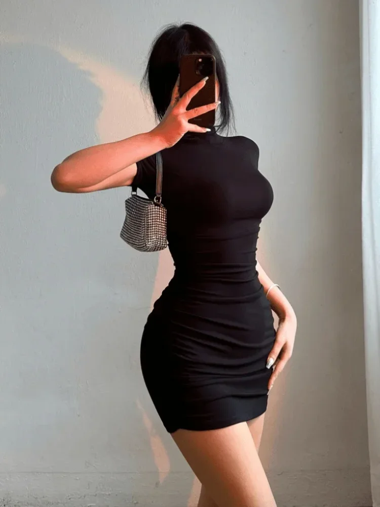 Sexy Tight Half High Collar Pleated Waist Mini Dress Spicy Girls Slim Dresses Bodycon Women Vestidos Cortos Party Mujer Clothin by Urban Fashion Icon