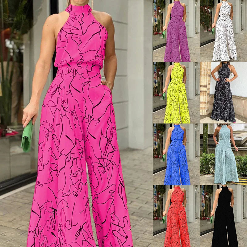 Elegant Printed Halter Neck Leace-Up Jumpsuit Women Sleeveless Fashion High Waist Wide Leg Jumpsuits Casual Streetwear New by Wild and Free Boutique