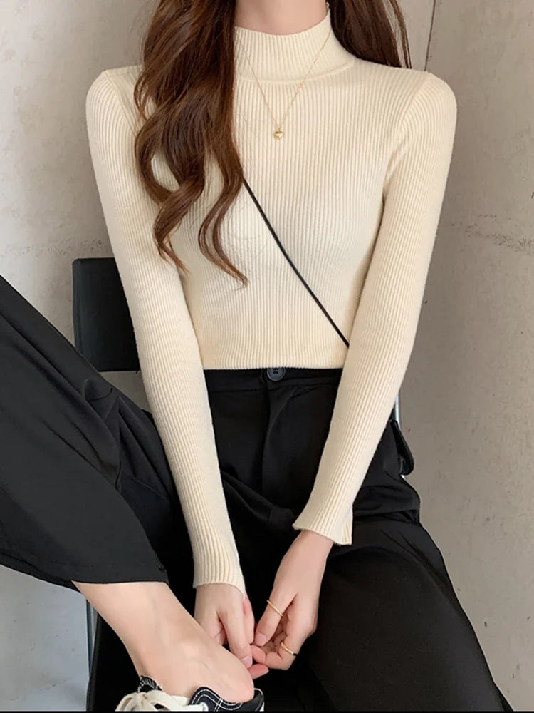 Autumn Winter Mock Neck Women Sweater Vintage Basic Solid Knitted Tops Casual Slim Pullover Korean Sweaters Simple Chic Jumpers by Urban Fashion Icon