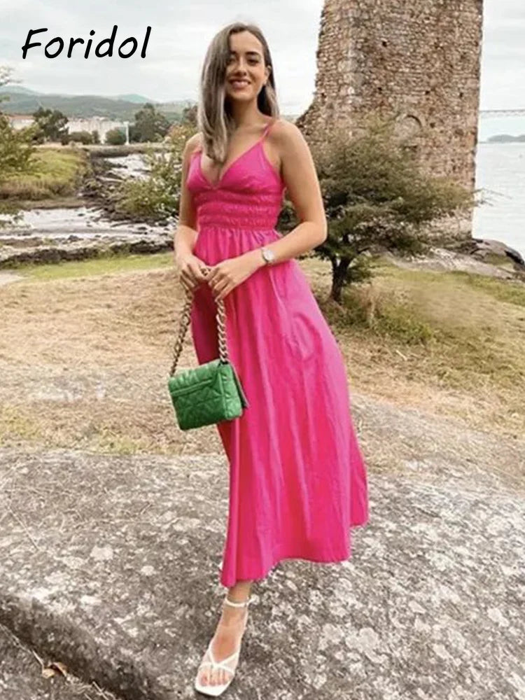 Foridol Elastic Smocking Green Cotton V Neck Summer Women's Dress Sleevless Long Green Maxi Casual Strapy Dress Solid Female by Ladyez