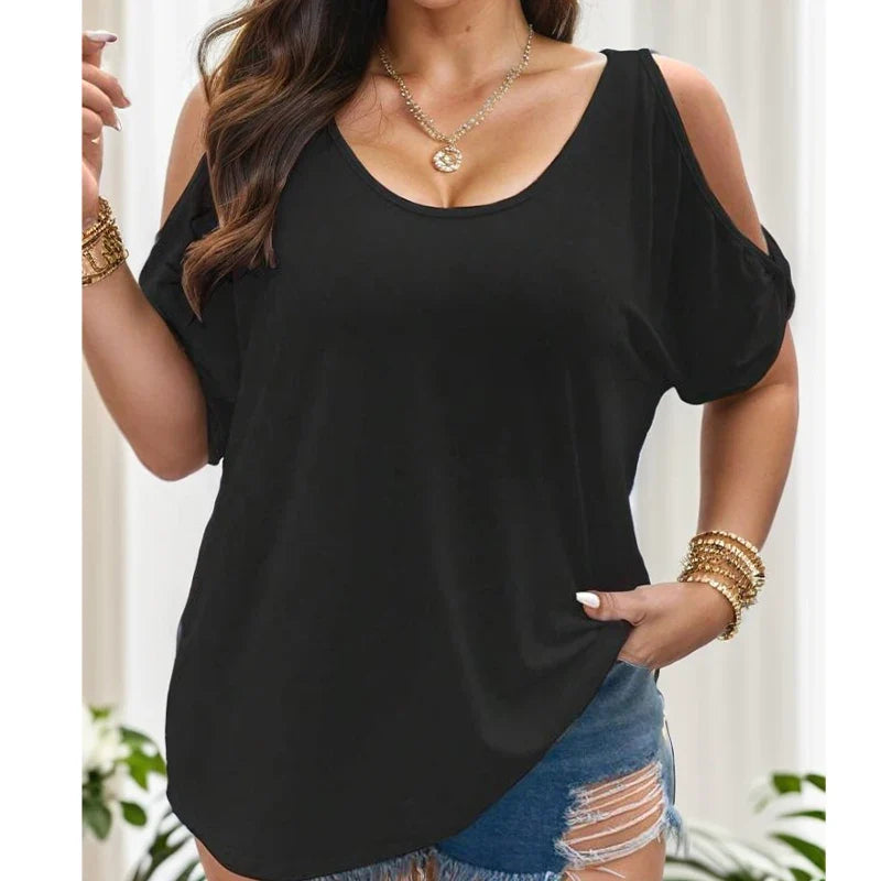 Pullover loose casual strapless solid color women's t-shirt by Urban Fashion Icon