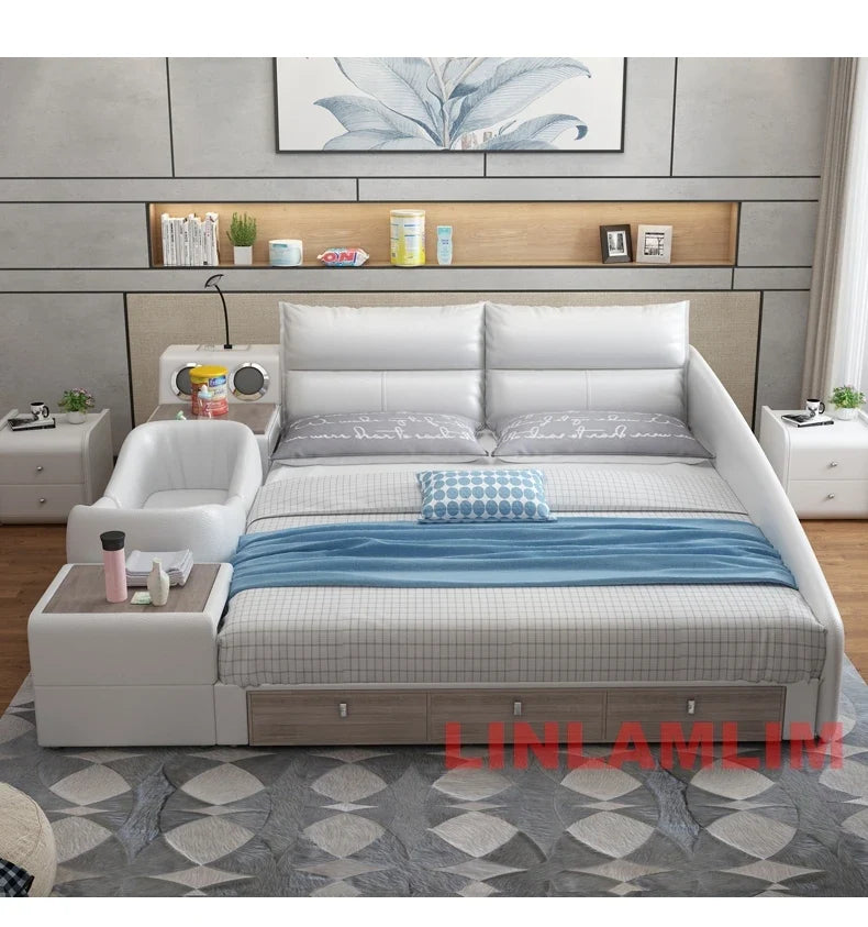 Modern Multifunctional Genuine Leather Platform Bed Frame, King Size Upholstered Family Bed with Integrated Baby Crib, Drawers by FLIPSTYLEZLLC