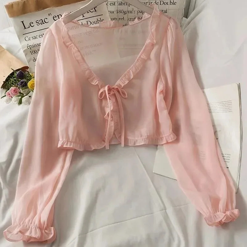 Women Thin Casual Lace Bow Summer Sun Protection Clothes Female Cardigan Shirt Clothing Tops Blouse For Woman by Urban Fashion Icon