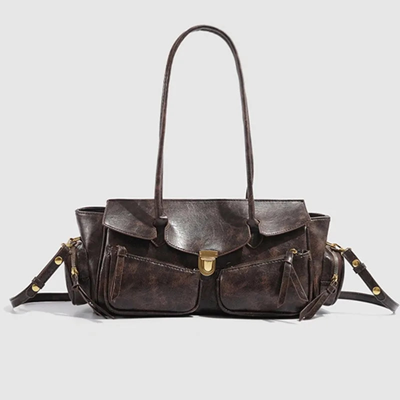Vintage Underarm Bag For Girl Versatile Handbag Multi-pocket Motorcycle Bag Luxury Designer Handbag Spaghetti Strap Leather Bag by Itsokies Travel Store