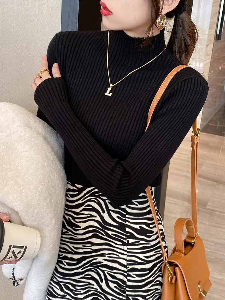 Elegant Solid Basic Knitted Tops Women Turtlneck Sweater Long Sleeve Casual Slim Pullover Korean Fashion Simple Chic Clothes by Urban Fashion Icon