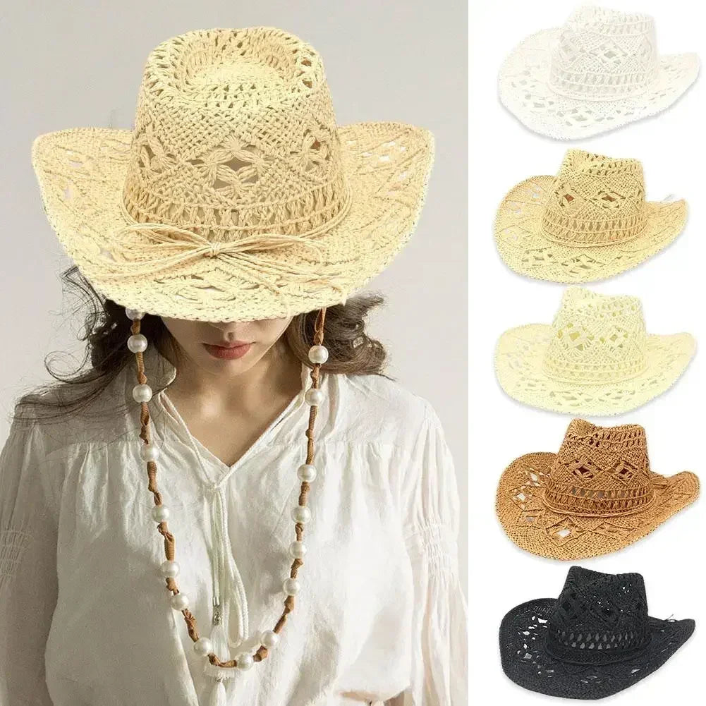 Summer Outdoor Men Women Hand-woven Western Cowboy Straw Hats Wide Brim Breathable Beach Jazz Cap Sun Protection Hat (Copy) by Goddess Imports Marketplace