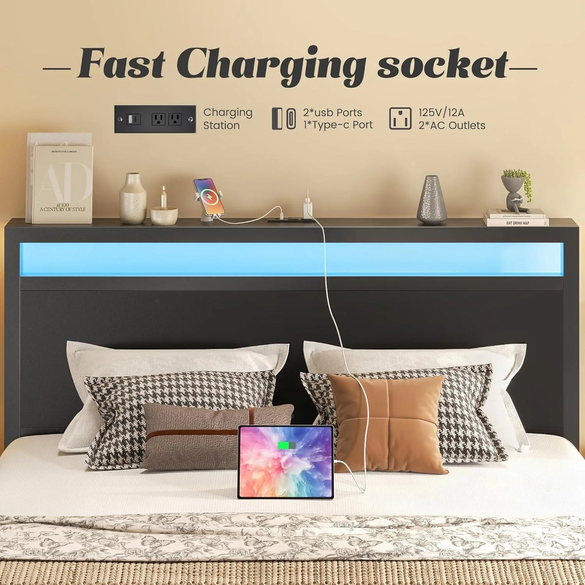 Fluest Queen Bed Frame with Headboard & Footboard, Bed Frame with Built-in Charging Station LED Light, Storage Shelf，Customized by FLIPSTYLEZLLC