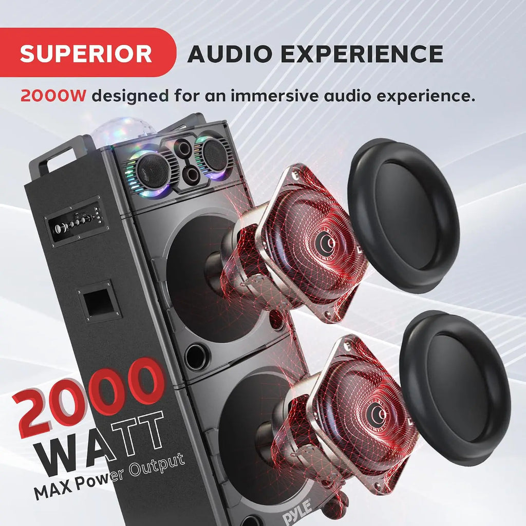 2000W Active Powered Outdoor Portable Bluetooth PA Speaker System with Party Lights, Microphone Input, USB/SD Card Reader, AUX/RCA/FM Radio, and Wheels by FLIPSTYLEZLLC