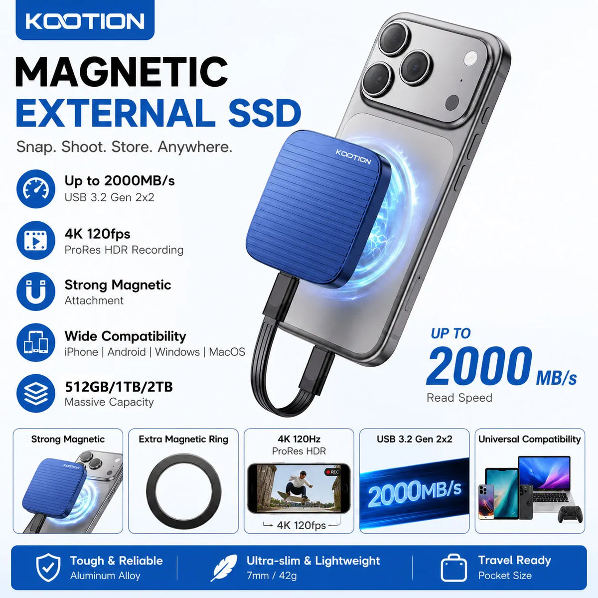 KOOTION X7MAX Magnetic Portable External SSD 2000MB/s HDR USB 3.2 GEN2 Record and Store for iPhone 15 16 17 Portable Solid State by FLIPSTYLEZLLC