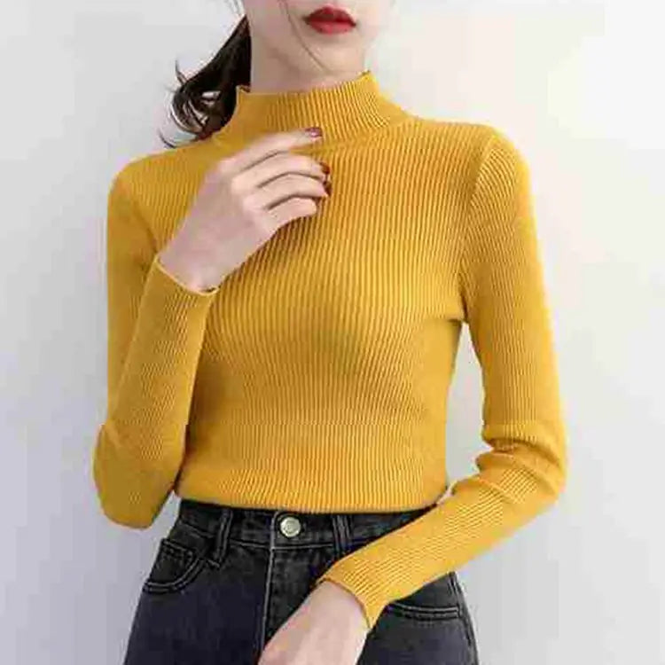 Autumn Winter Mock Neck Women Sweater Vintage Basic Solid Knitted Tops Casual Slim Pullover Korean Sweaters Simple Chic Jumpers by Urban Fashion Icon