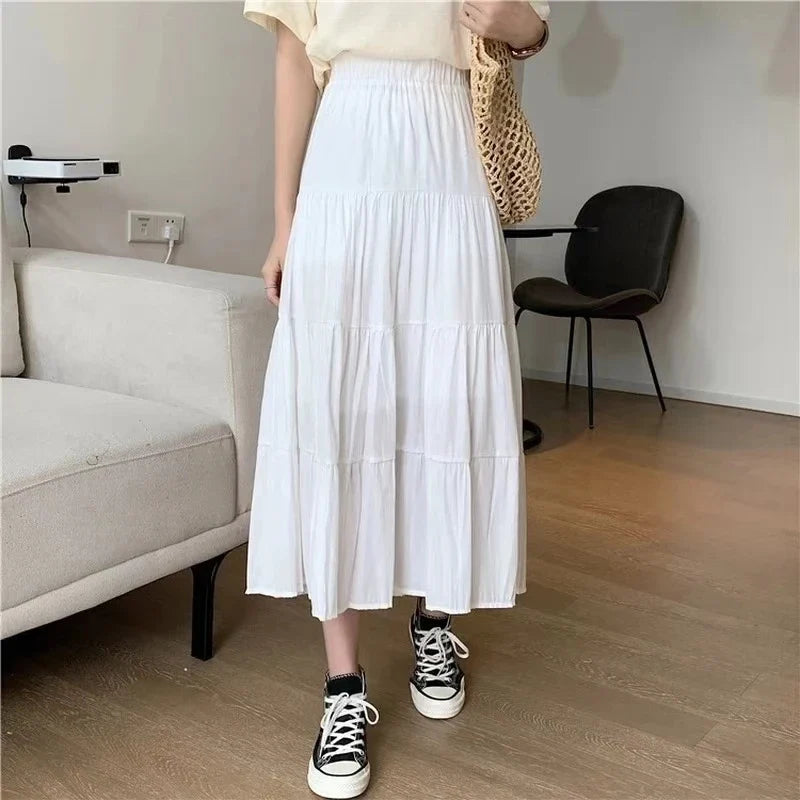 Spring Summer Women Skirts Vintage High Waist Elastic Patchwork White Black Chic Long Cake A-line Skirt by Urban Fashion Icon