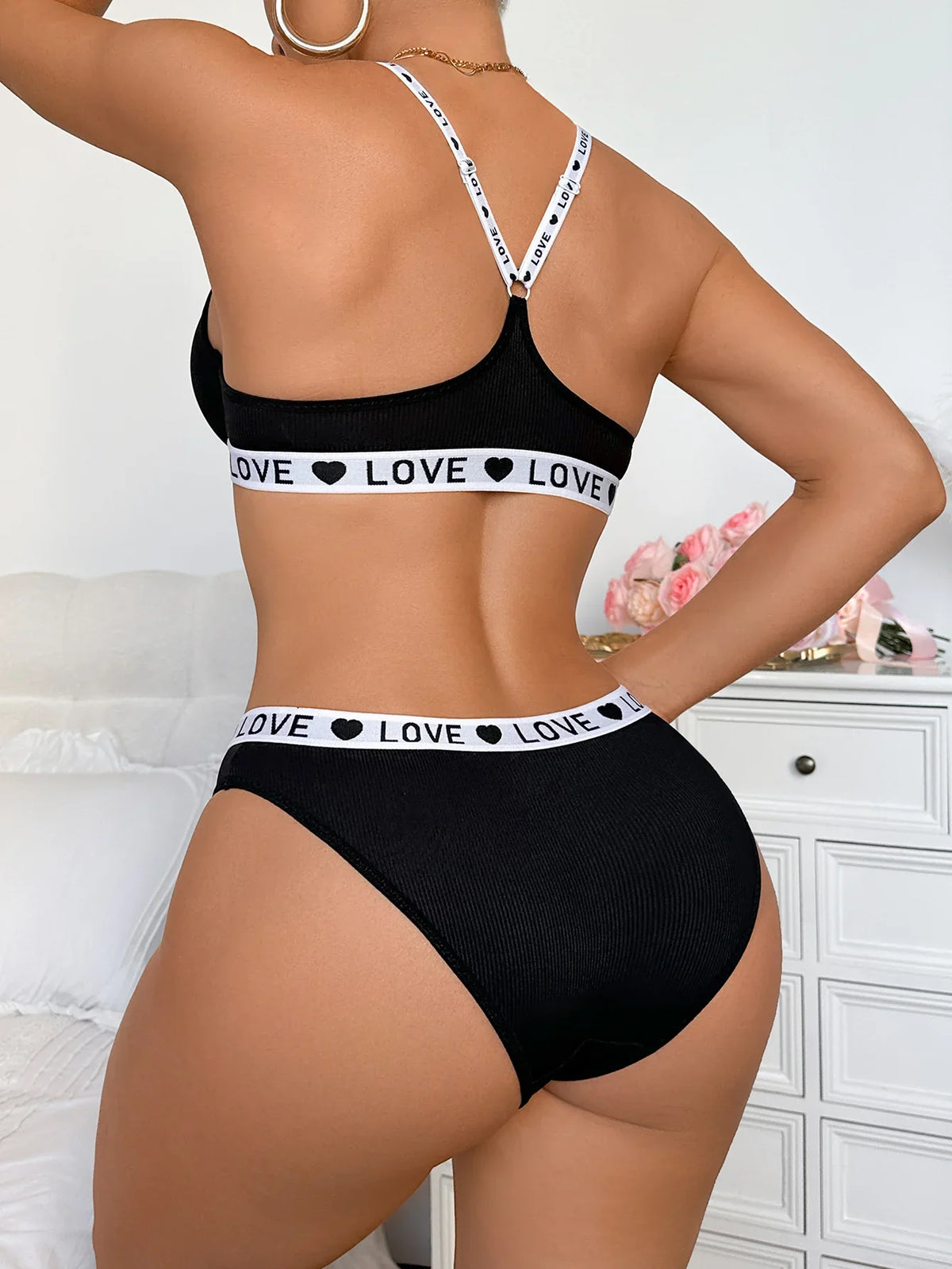 New Ribbed Women's Underwear Set Letter Strap Underwear Front-Clasp Push-Up Bra Comfy Daily Female Bra Set by Ladyez