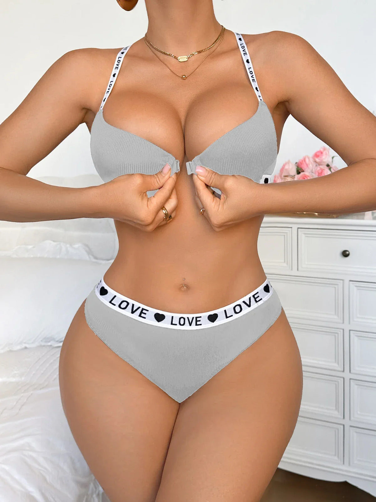 New Ribbed Women's Underwear Set Letter Strap Underwear Front-Clasp Push-Up Bra Comfy Daily Female Bra Set by Ladyez