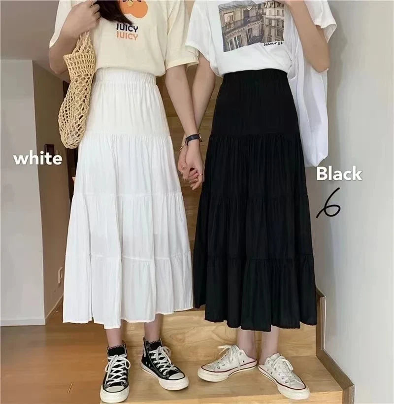 Spring Summer Women Skirts Vintage High Waist Elastic Patchwork White Black Chic Long Cake A-line Skirt by Urban Fashion Icon