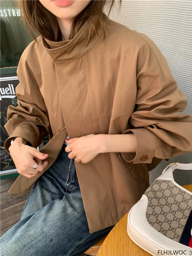 Korea Short Outerwear Woman Casual Loose Lazy Chic Long Sleeve Cotton Blends Windbreaker Coats Thin Thench by Urban Fashion Icon