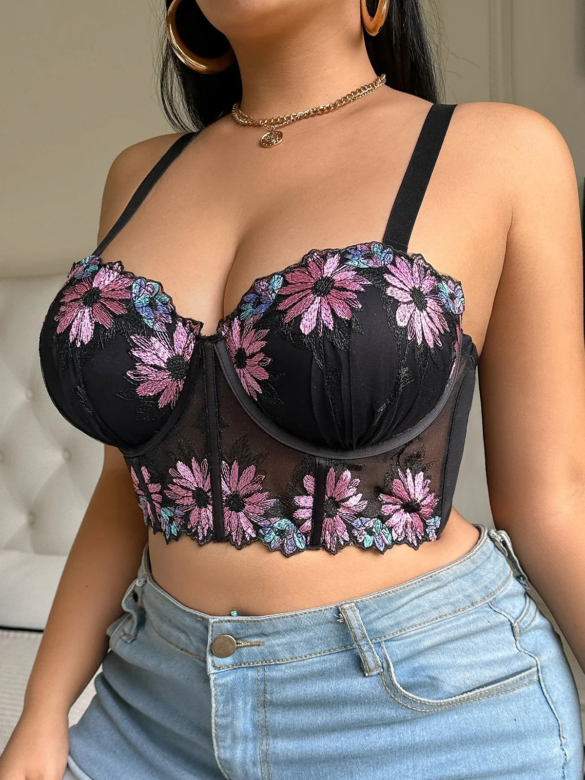 Plus Size Women Bra Floral Lace Patchwork Embroidery Thin Cup Push up Bra Comfortable Underwire Shapewear Bra for Women by Ladyez