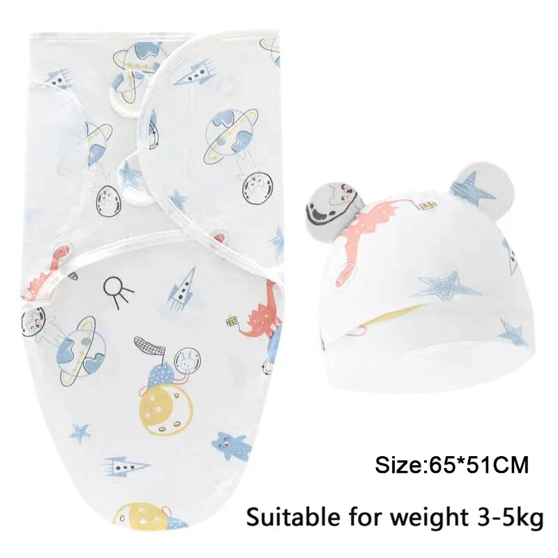 Baby Blanket Hat Set Cartoon Printed Cotton Newborn Swaddle Adjustable Infant Sleeping Swaddle Wraps All Seasons 0-6 Months by FLIPSTYLEZLLC